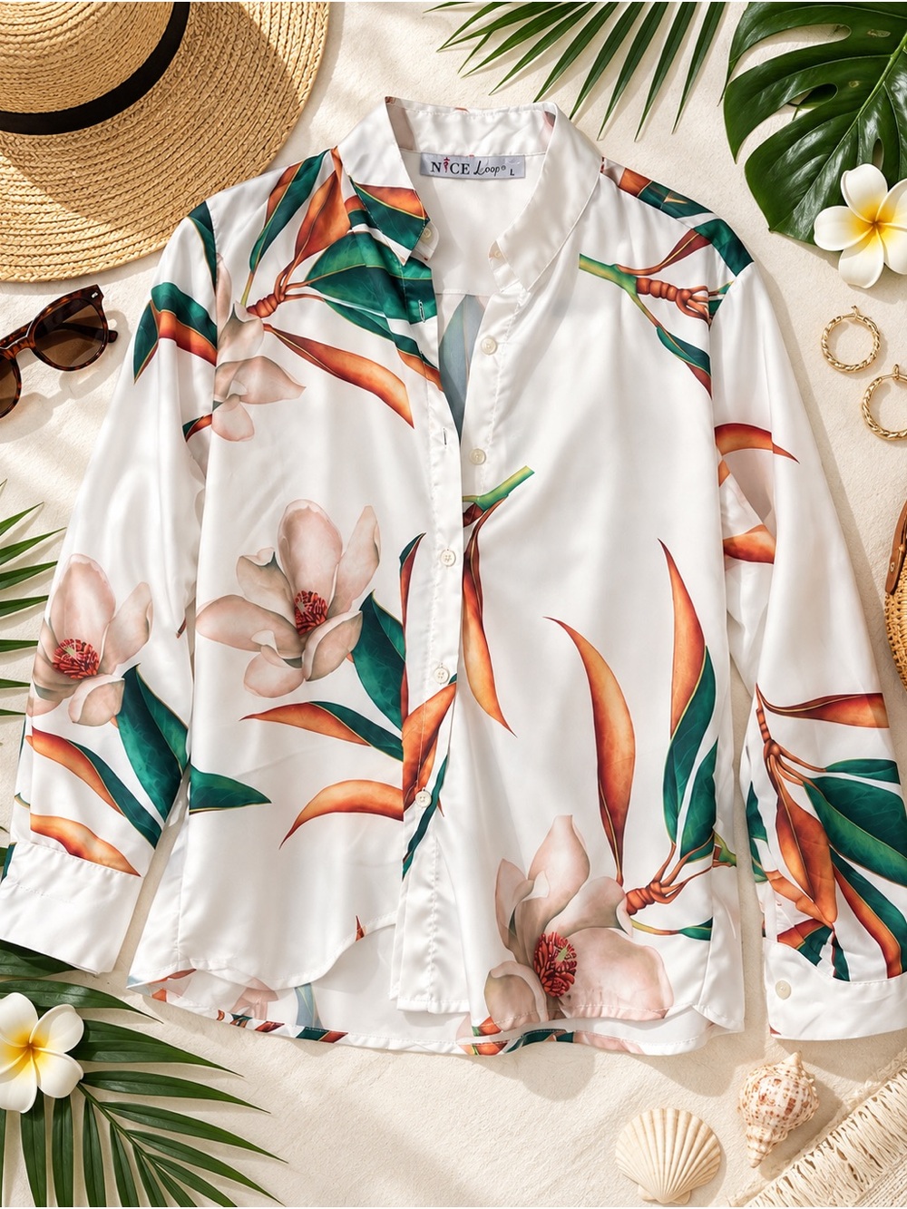 Satin Floral Button-Down Shirt in White with Green & Orange Print